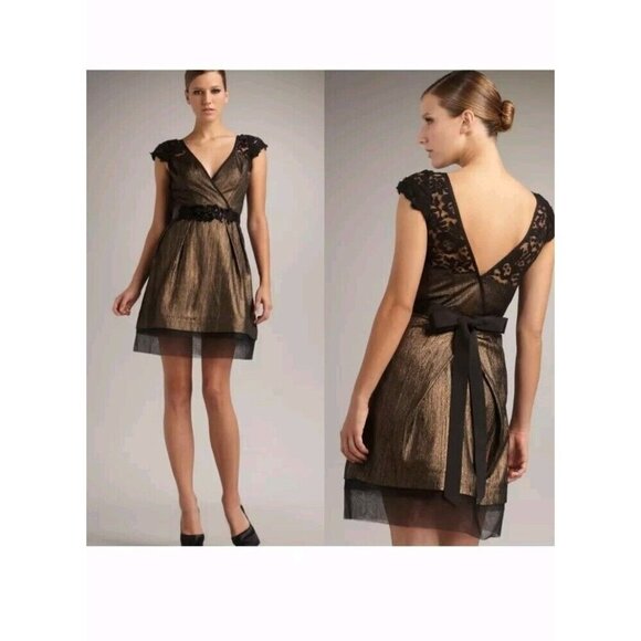 Vera Wang Lavender Label Dress Size 6 Gold Metallic with Black Lace - Picture 1 of 10